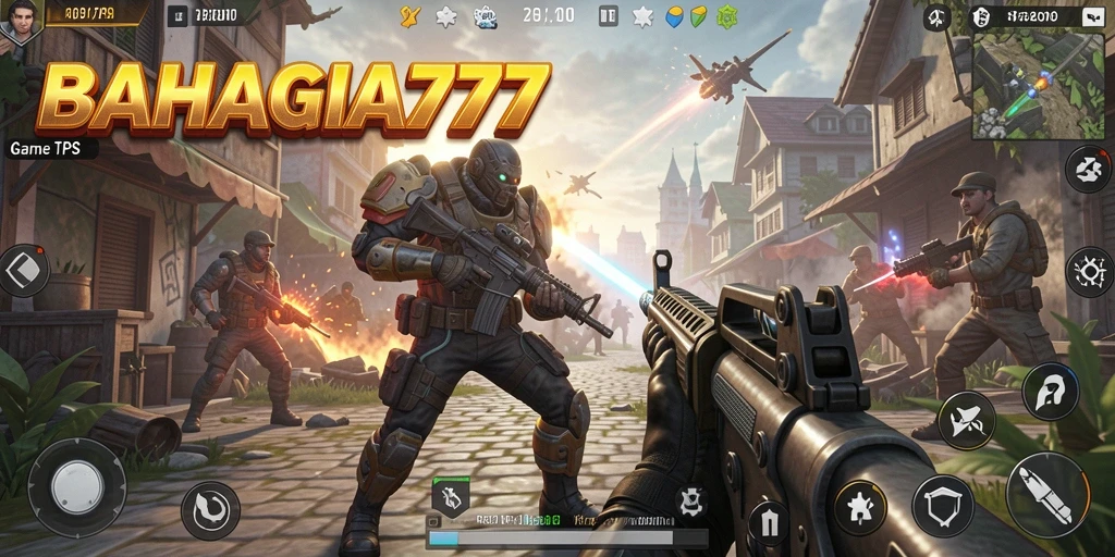 Screenshot utama BAHAGIA777 menampilkan aksi seru dalam gameplay TPS.