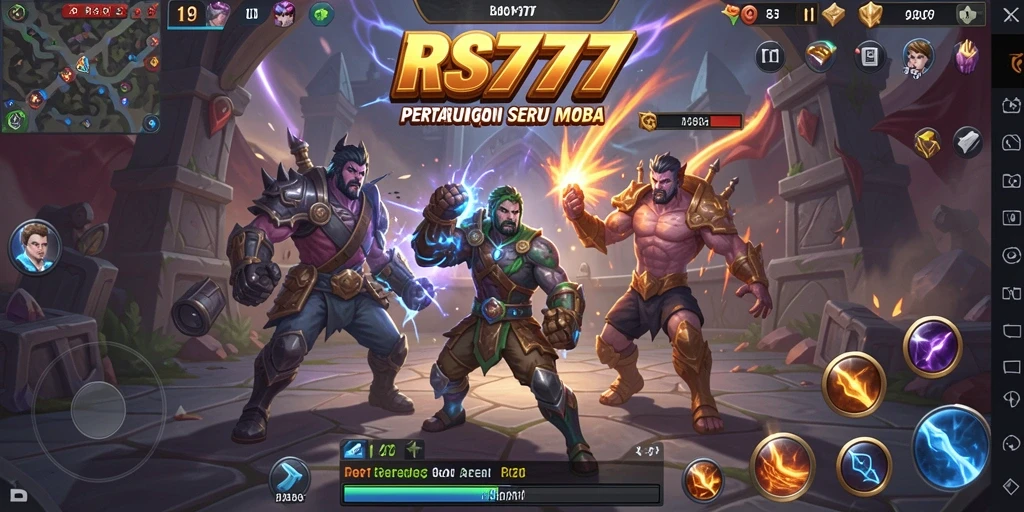 Gameplay seru dalam RS777 yang menunjukkan pertarungan tim di arena MOBA.